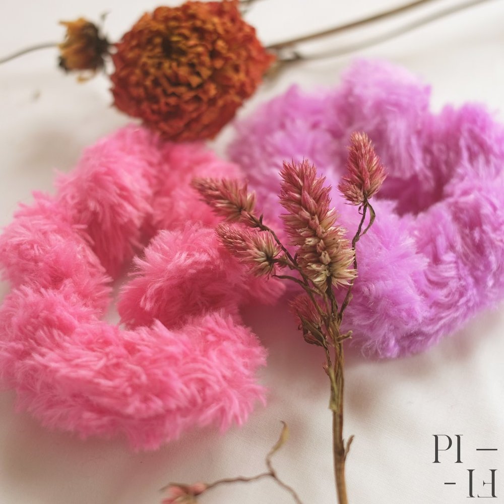 Two fluffy scrunchies neon pink and purple 2/15$